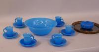 Blue French opaline glass punch bowl set