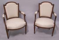 Pair Louis XVI style upholstered armchairs in pink blue stripe
