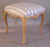 Square hand carved wood bench blue stripe upholstery from Wicker Works