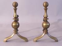 Pair ball top bulbous turned solid brass French Chenets c1880