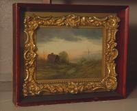 Oil painting landscape with barn by M E King