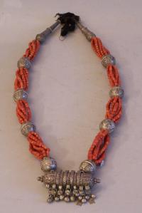 Antique Yemeni Bawsani coin silver coral necklace with hirz