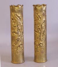 Trench Art brass shell carved vases WWl