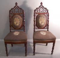 Alexander Roux Gothic carved walnut side chairs c1845