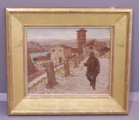 A. Petronie oil on board man walking from town