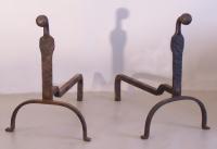 Pair hand wrought Yale University dorm gooseneck andirons c1900