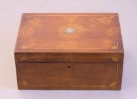 Early walnut inlaid sewing box with tray c1820