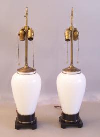 Pair large French white and gold glass lamps