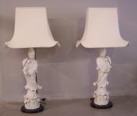 Pair Quanyin blanc de chine porcelain lamps with shades
