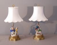 Pair German Dresden hand painted porcelain figure lamps