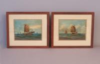 Pair China Trade oil paintings on board of junks at sea c1840