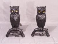 P S and W cast iron owl  fireplace andirons c1880