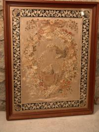 Chinese silk embroidery of birds with floral wreath framed c1860