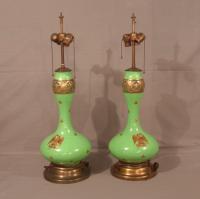Pair 19th c French Empire green opaline glass lamps
