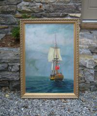 Oil painting on canvas seascape Frigate in fog  Whitney P Prentice