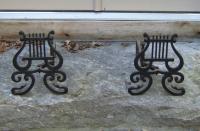 Pair iron lyre form hand wrought  andirons c1900