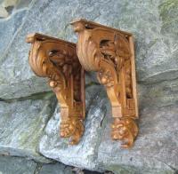 Pair of carved oak shelf brackets with griffins c1880
