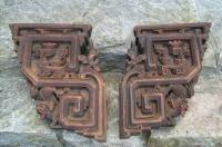 Pair of Chinese corbels with foo dogs and pagodas c1800