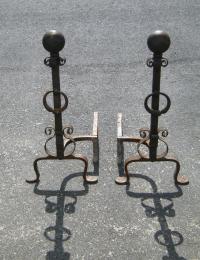 Pair 30 inch ball top iron fireplace andirons with scrollwork