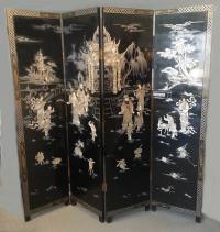 Vintage Chinese black lacquered 4 panel, footed screen
