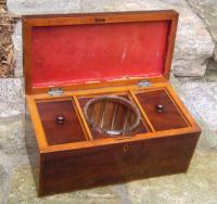 English mahogany inlaid tea box with glass mixing bowl c1800