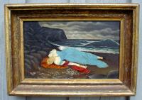 American folk art primitive twilight seascape painting with maiden