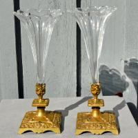 Pr French cut crystal trumpet shape mantel vases c1890