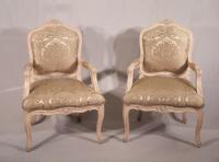 Pair Louis XV style green damask armchairs