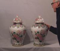 Pair of Famille Rose covered Baluster jars c1880