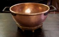 Early hand made copper cauldron on stand c1850