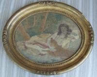 Early silk embroidery landscape of girl with her dog c1800