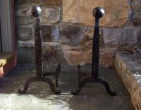 Large vintage gooseneck hand wrought iron andirons c1950