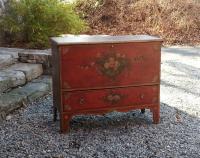Early American lift top pine blanket chest in old red paint c1820