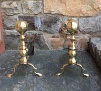 American pair of ball finial brass fireplace andirons c1820