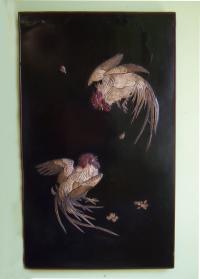 Japanese Edo period fighting cocks carved panel