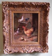 Edgar Hunt painting of a barnyard with chickens dated 1906