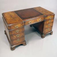 Antique English burl walnut pedestal desk with inset leather top