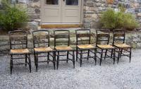 Set of six Hitchcock dining chairs with stencil backs and rush seats c1950