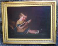Antique 19thc oil painting of a little girl reading a book