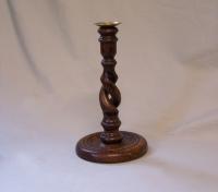 Antique English open barley twist oak candlestick