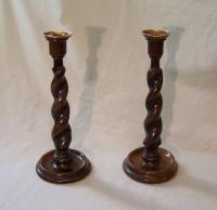 Antique English oak barley twist candlesticks