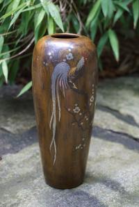 Japanese Meiji era mixed metal vase with rooster