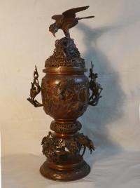Antique Japanese bronze incense urn with eagle finial
