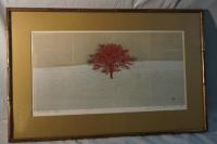 Joichi Hoshi Japanese wood cut print of tree dated 1974