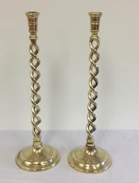 Tall English brass barley twist candlesticks