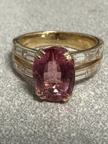 Image of Pink tourmaline and diamond ring set in 14K yellow gold