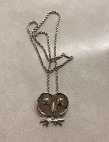 Image of Whimsical owl pendant with stone eyes signed NBK in sterling silver
