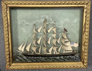 Image of Antique 19thc ship diorama in shadow box frame