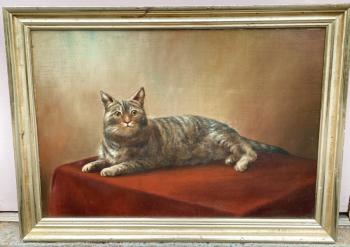 Image of C F Mowery painting of a tabby cat c1900