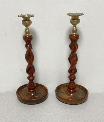 Image of English twist oak and brass candlesticks c1880